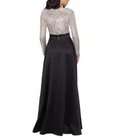 Xscape Petite Sequin-Bodice Long-Sleeve Ball Gown