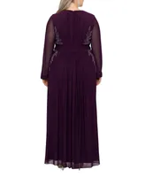 Betsy & Adam Plus Size Beaded Applique V-Neck Gown