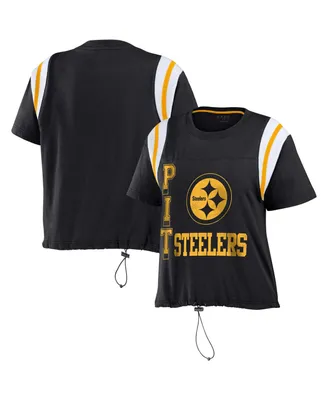 Women's Wear by Erin Andrews Black Pittsburgh Steelers Cinched Colorblock T-shirt