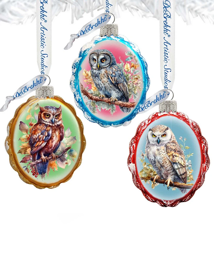 Designocracy Wise Owls Keepsake Mercury Christmas Glass Ornaments Set of 3 G. DeBrekht