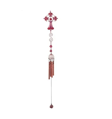 28" Long Pink Cross Wind Chime with Copper Gem