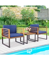 3pcs Patio Acacia Wood Bistro Conversation Cushioned Chair & Table Set Outdoor