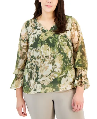 Jm Collection Plus Size Caludette Rose Smocked-Sleeve Necklace Top, Created for Macy's