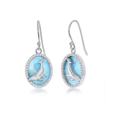 Sterling Silver Larimar w/ Center Whale and Cz Outline Oval Earrings