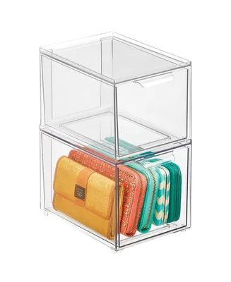 mDesign Plastic Stacking Closet Storage Organizer Bin with Drawer, 2 Pack, Clear