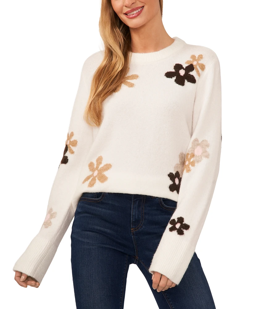 CeCe Women's Flower Patterned Knit Crewneck Sweater