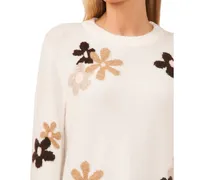 CeCe Women's Flower Patterned Knit Crewneck Sweater