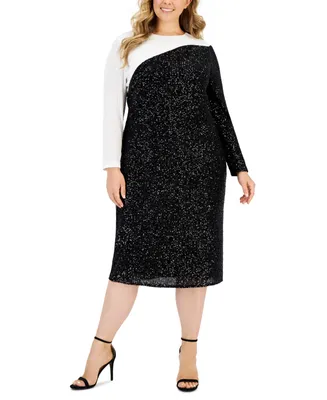 Anne Klein Plus Sequined Colorblocked Long-Sleeve Dress