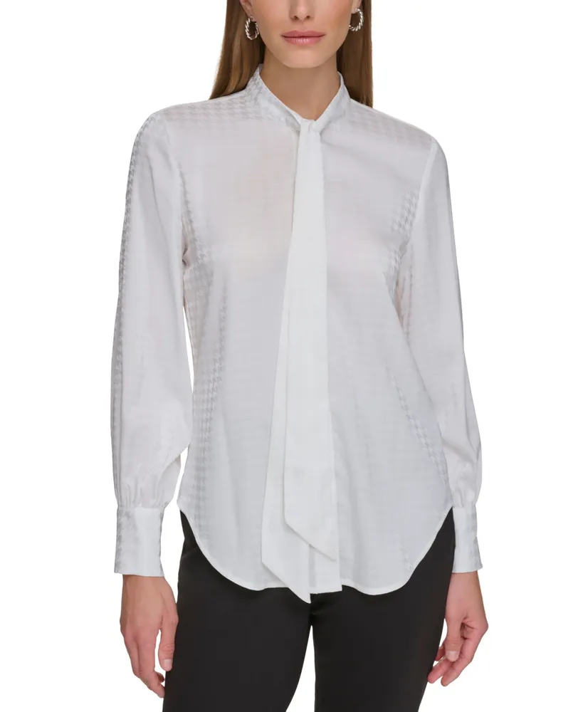 Dkny Petite Tonal Houndstooth Tie-Neck Blouse, Created for Macy's