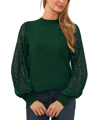 CeCe Women's Sheer-Sequin-Sleeve Mock-Neck Cotton Sweater