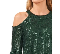 CeCe Women's Sequined Long Sleeve Cold-Shoulder Blouse