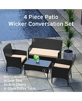 4-Seater Outdoor Wicker Patio Conversation Set - 4 Piece