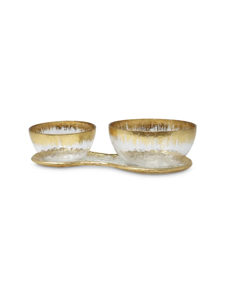 2 Bowl Relish Dish on Tray with Gold-Tone Design, 3 Piece Set