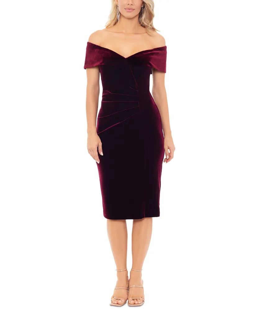 xscape off the shoulder midi dress