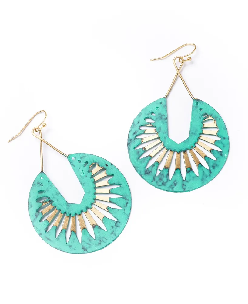 Matr Boomie Nihira Teal Patina Dangling Hoop Earrings