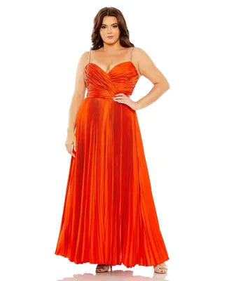 Women's Plus Rhinestone Strapped Embellished Pleated Gown