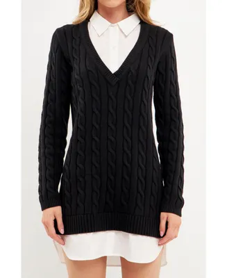 English Factory Women's Mixed Media Cable Knit Sweater Dress