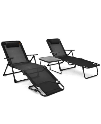 3pcs Patio Folding Chaise Lounge Chair Pvc Tabletop Set Outdoor Portable Beach