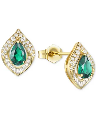 Lab-Grown Emerald (5/8 ct. t.w.) & Lab-Grown White Sapphire (1/3 ct. t.w.) Pear Halo Stud Earrings in 14k Gold-Plated Sterling Silver