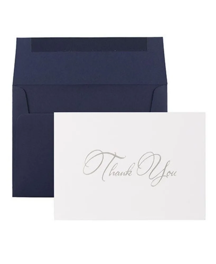 Jam Paper Thank You Card Sets - Silver-Tone Script Cards with Navy Blue Envelopes - 25 Cards and Envelopes