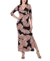 24seven Comfort Apparel Women's Paisley Sleeve Side Slit Maxi Dress