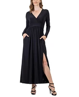 24seven Comfort Apparel Women's Long Sleeve V-neck Side Slit Maxi Dress