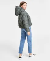 Calvin Klein Jeans Womens Cropped Hooded Puffer Jacket Patched Mock Neck Sweater Straight Leg Ankle Jeans
