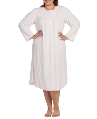 Miss Elaine Plus Size Long-Sleeve Pintucked Nightgown