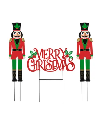 Set of 3 Metal Nutcracker and Merry Christmas Yard Stake