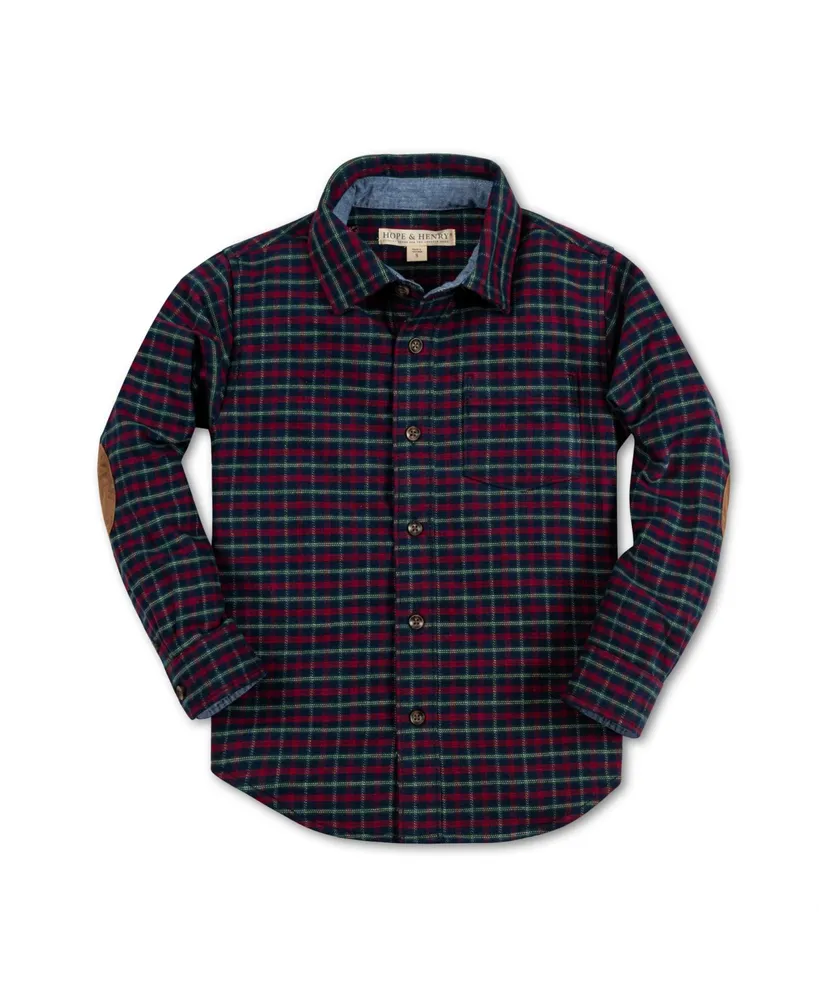 Hope & Henry Boys Organic Long Sleeve Plaid Flannel Button Down Shirt with Elbow Patches