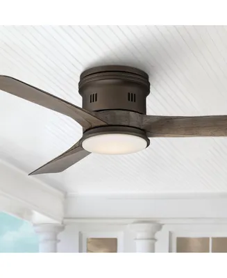 Casa Vieja 54" Salerno Modern Industrial Hugger Low Profile 3 Blade Indoor Outdoor Ceiling Fan with Light Led Remote Bronze Wood Opal Glass Damp Rated