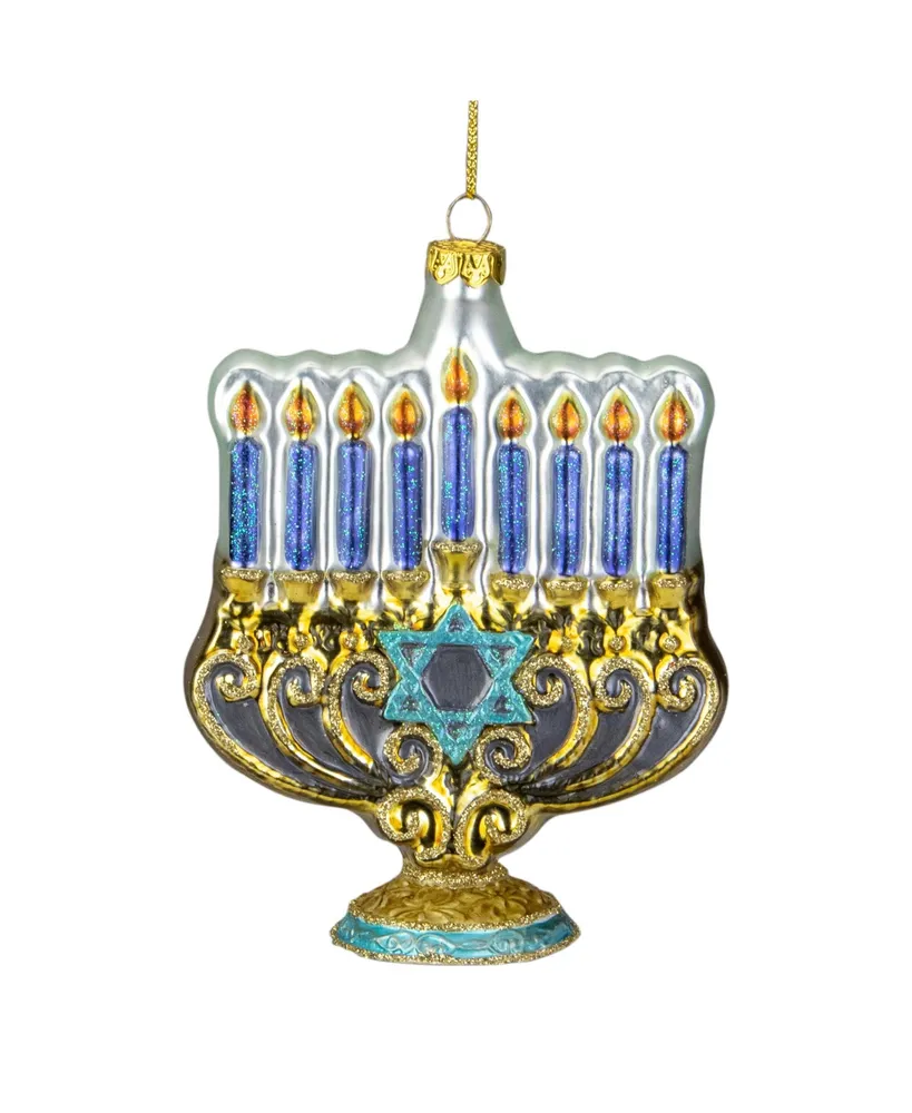 5" Gold-tone and Blue Menorah Glass Hanukkah Ornament