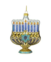 5" Gold-tone and Blue Menorah Glass Hanukkah Ornament