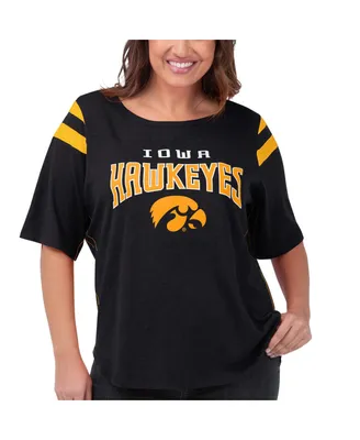 Women's G-iii 4Her by Carl Banks Black Iowa Hawkeyes Plus Linebacker Half-Sleeve T-shirt