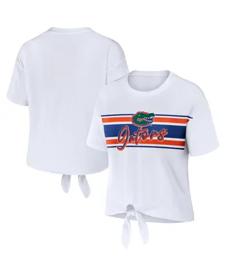 Women's Wear by Erin Andrews White Florida Gators Striped Front Knot Cropped T-shirt