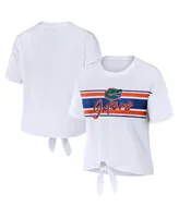 Women's Wear by Erin Andrews White Florida Gators Striped Front Knot Cropped T-shirt