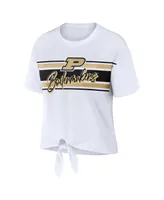 Women's Wear by Erin Andrews White Purdue Boilermakers Striped Front Knot Cropped T-shirt