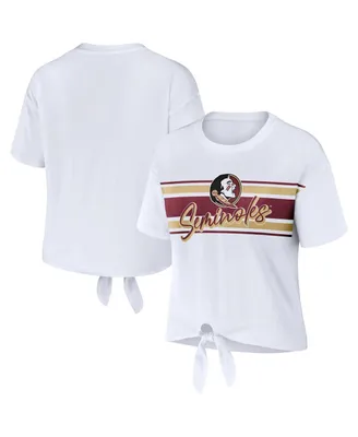 Women's Wear by Erin Andrews White Florida State Seminoles Striped Front Knot Cropped T-shirt