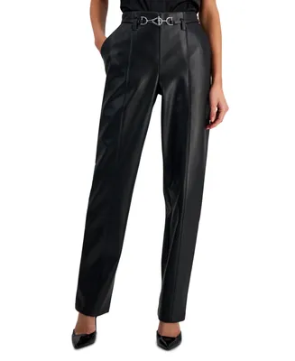I.n.c. International Concepts Women's High-Rise Belted Faux-Leather Pants, Created for Macy's