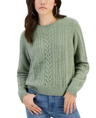 Hippie Rose Juniors' Crewneck Cable-Knit Sweater