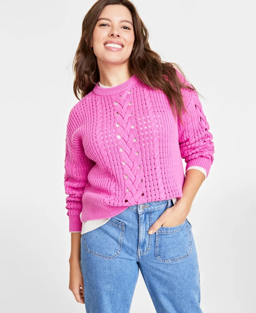 On 34th Women's Cable-Knit-Mesh Crewneck Long-Sleeve Sweater, Created for Macy's