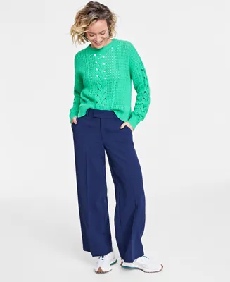 On 34th Women's Cable-Knit-Mesh Crewneck Long-Sleeve Sweater, Created for Macy's