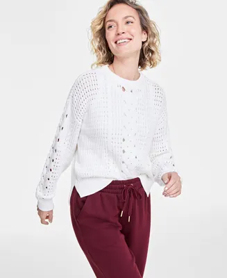On 34th Women's Cable-Knit-Mesh Crewneck Long-Sleeve Sweater, Created for Macy's