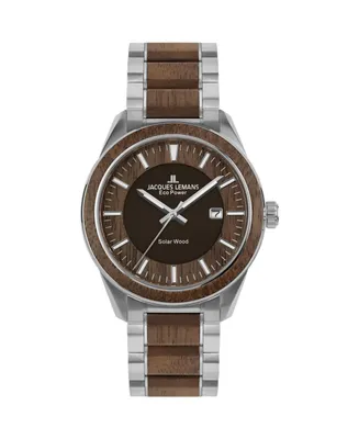 Jacques Lemans Men's Eco Power Watch with Solid Stainless Steel / Wood Inlay Strap 1-2116