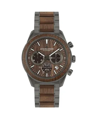 Jacques Lemans Men's Eco Power Watch with Solid Stainless Steel / Wood Inlay Strap Ip-Grey, Chronograph 1-2115