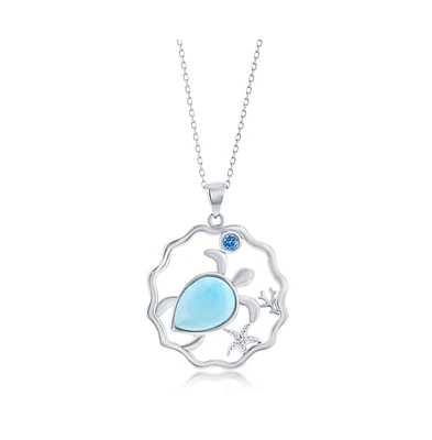 Sterling Silver Larimar Turtle & Small Blue Cz Necklace