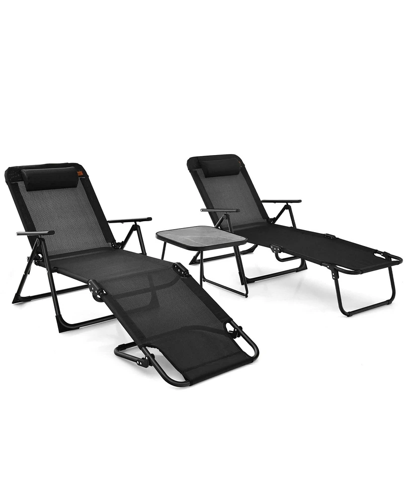 Costway 3pcs Patio Folding Chaise Lounge Chair Pvc Tabletop Set Outdoor Portable Beach