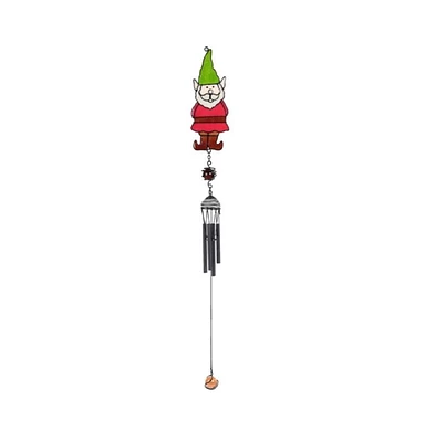 30" Long Red Gnome with Green Hat Black Coated Gem Wind Chime