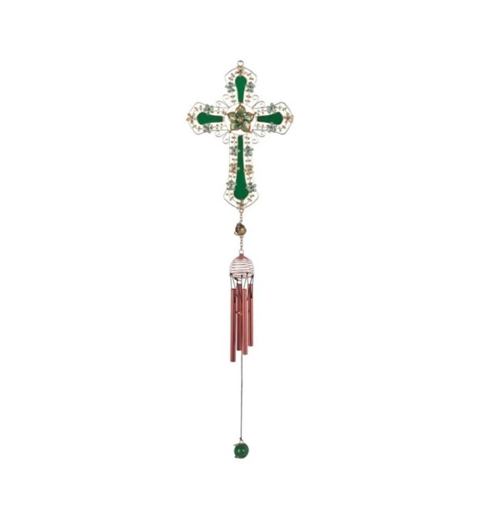 26" Long Green Cross Wind Chime with Green Gem