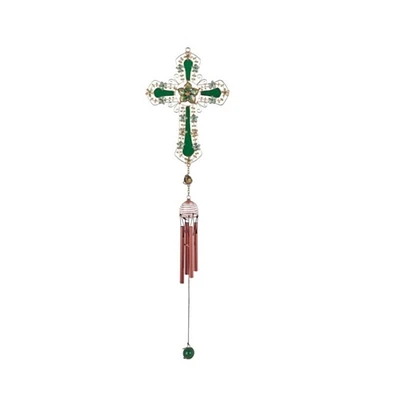 26" Long Green Cross Wind Chime with Green Gem
